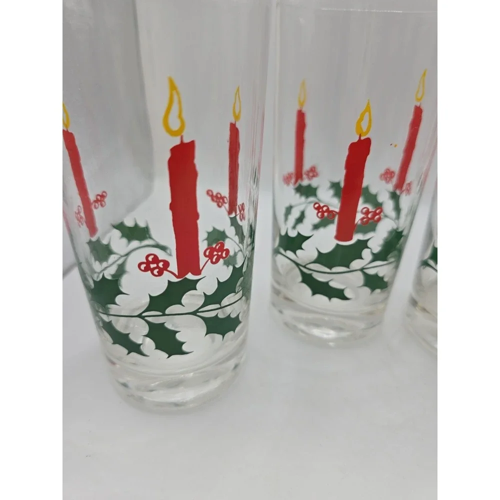 Vintage Christmas Tumbler Glasses Holly & Candle Print Holiday MCM Set Of 4